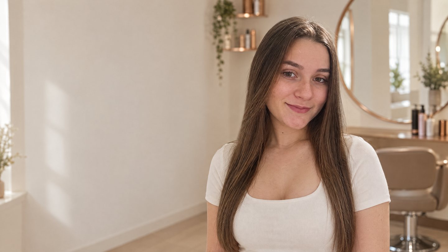 Débora Carvalho sorrindo, com o cabelo castanho, longo e liso caindo até a cintura