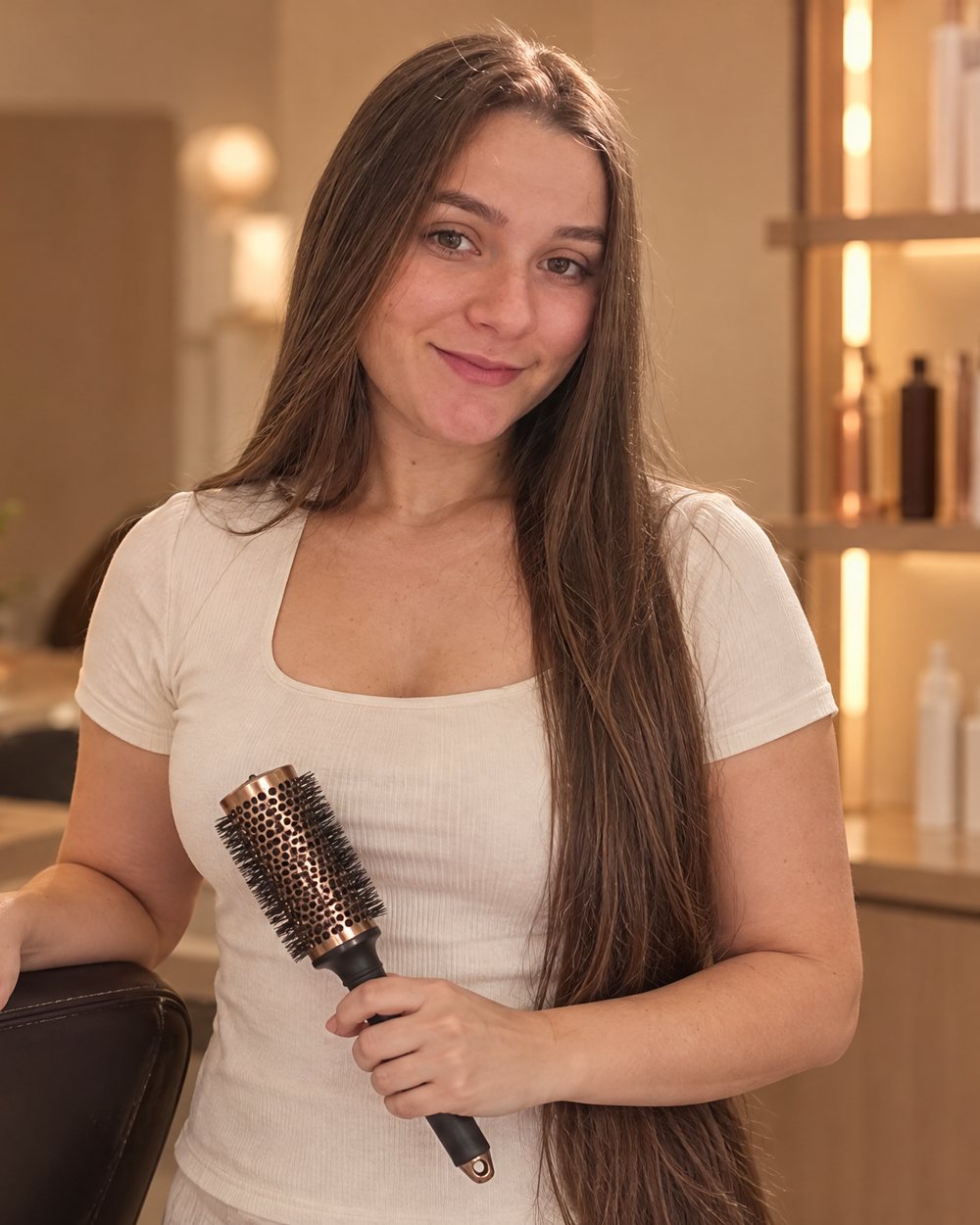 Débora Carvalho de pé, sorrindo, com o cabelo longo e saudável sobre o ombro